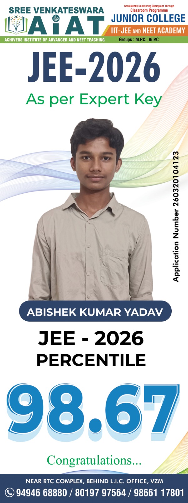 Poster listing JEE Main percentile scores of Sree Venkateswara AIAT students